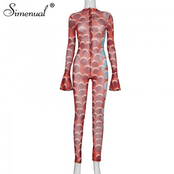 Simenual Mesh Printed See Through Hot Rompers Womens Jumpsuit Bodycon Sexy Partywear Flare Long Sleeve Hollow Out Jumpsuits 2020